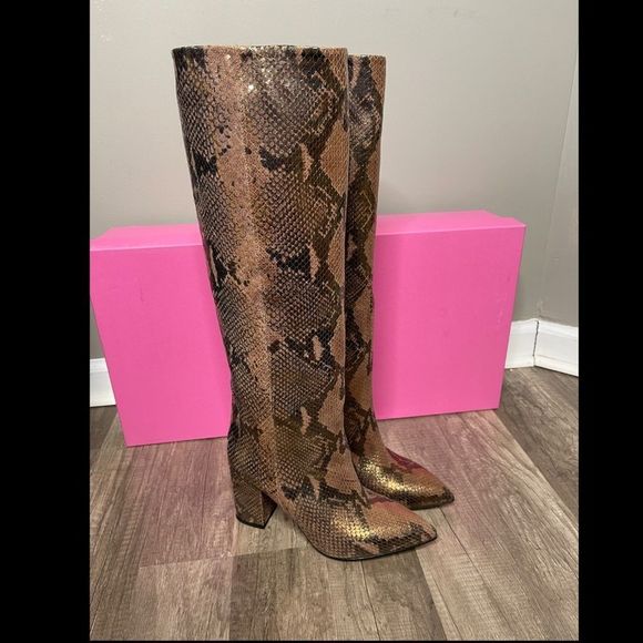 PARIS TEXAS Knee-high Lamé Python-embossed Leather Boots In Bronze $825 - Picture 4 of 8